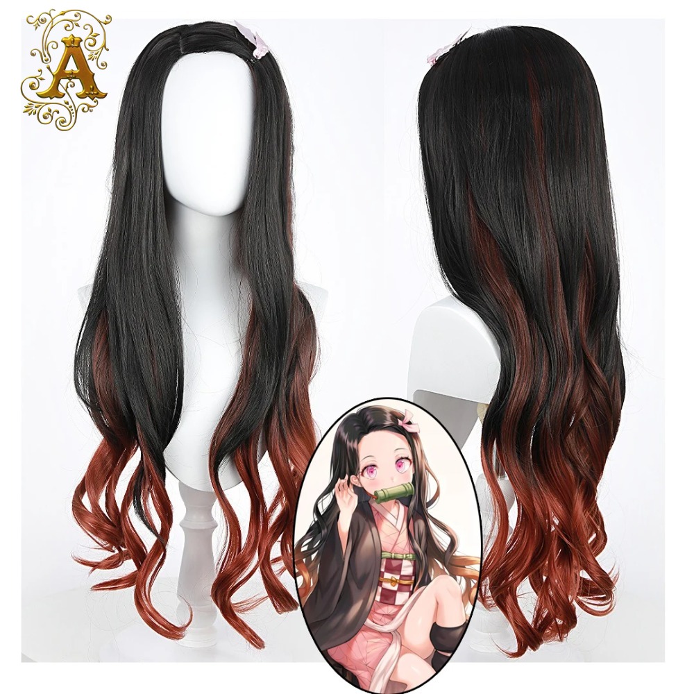 Anime Cosplay Long Black Hair - Siyah Koyu Kırmızı Gradyan Renkli Kıvırcık
